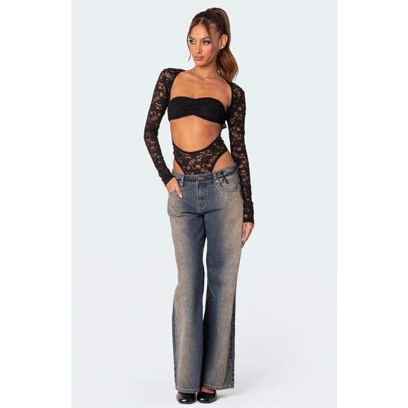 Edikted Women's Black Zoey Lace Sheer One-Piece Bandeau Bodysuit Size XS - Picture 1 of 7